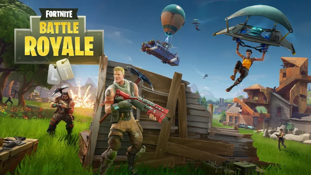 Fortnite Battle Royale dengan gaya visual kartun yang khas. Selain bertarung, pemain juga bisa membangun struktur seperti benteng untuk melindungi diri dari serangan musuh.